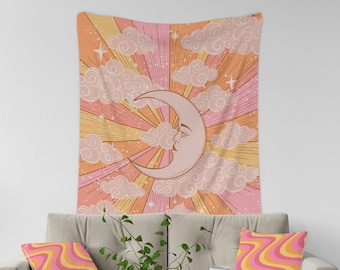 Celestial Wall Hanging, Vintage Moon Tapestry, Retro Aesthetic Room Decor, Astrology Wall Tapestry, Crescent Moon Tapestry, Dorm 70s Decor