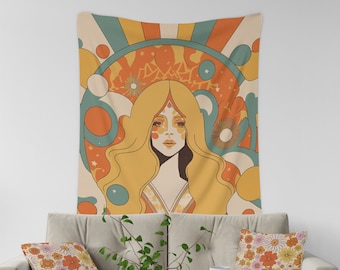 70s Hippie Girl Tapestry Wall Hanging, Girl Room Decor, Woman Portrait Tapestry, Textile Art, Vintage Tapestry Decor for Bedroom