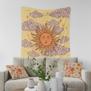 Vintage Sun Tapestry, Retro Aesthetic Room Decor, Celestial Wall Hanging, Boho Sun Tapestry, Astrology Wall Tapestry, 70s Dorm Wall Decor