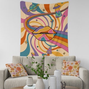 Funky Retro Psychedelic Tapestry, Trippy Psychedelic Tapestry, Hippie Tapestry for Home Decor Wall Hanging, Aesthetic Room Decor Vintage 70s