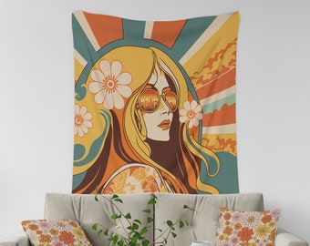 70s Woman Portrait Tapestry, Hippie Girl Tapestry Wall Hanging, Vintage Tapestry Decor for Bedroom, Modern Art Wall Hanging, Textile Art