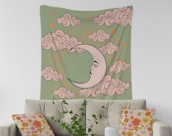 Vintage Moon Tapestry, Celestial Wall Hanging, Retro Aesthetic Room Decor, Boho Moon Tapestry, 70s Dorm Wall Decor, Astrology Wall Tapestry