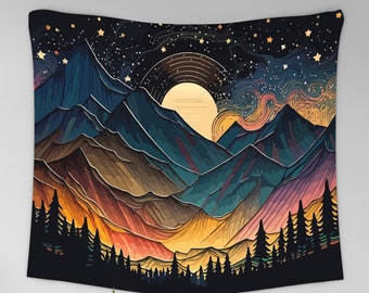 Starry Night Sky Tapestry, Abstract Mountain Wall Hanging, Nature Landscape Tapestry, Sunset Wall Hanging, Forest Tapestry, Sky Stars
