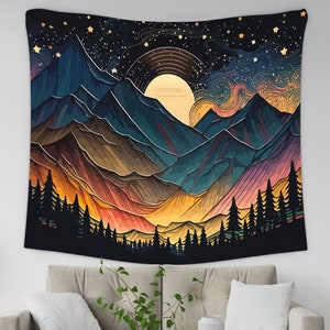 Starry Night Sky Tapestry, Abstract Mountain Wall Hanging, Nature Landscape Tapestry, Sunset Wall Hanging, Forest Tapestry, Sky Stars