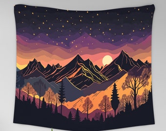 Starry Night Sky Tapestry, Nature Landscape Wall Hanging, Abstract Mountain Tapestry, Sunset Wall Hanging, Moon and Stars, Forest Tapestry