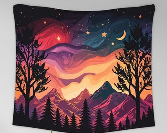 Starry Night Sky Tapestry, Nature Landscape Wall Hanging, Abstract Mountain Tapestry, Colorful Wall Hanging, Moon and Stars, Forest Tapestry