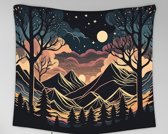 Nature Landscape Wall Hanging, Starry Night Sky Decor, Abstract Mountain Tapestry, Forest Trees Tapestry, Boho Tapestry, Living Room Bedroom