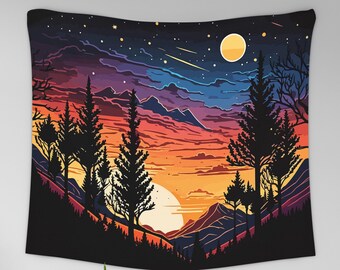 Abstract Landscape Tapestry, Starry Night Sunset Tapestry, Nature Mounstains Wall Hanging, Forest Trees Wall Hanging, Boho Wall Tapestry