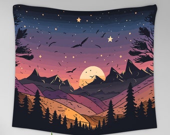 Nature Landscape Wall Hanging, Starry Night Sky Tapestry, Abstract Mountain Tapestry, Sunset Wall Hanging, Moon and Stars, Forest Trees