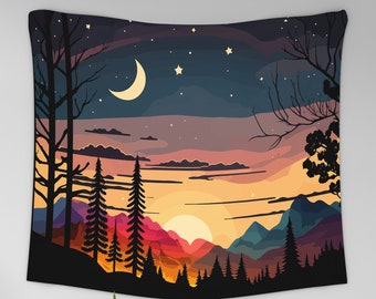 Starry Night Sunset Tapestry, Nature Landscape Wall Hanging, Abstract Mountain Tapestry, Sunset Wall Hanging, Moon and Stars