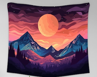 Mountain Art Tapestry, Abstract Landscape Illustration Wall Hanging, Sunset Tapestry, Nature Landscape Wall Hanging, Forest Trees Tapestry