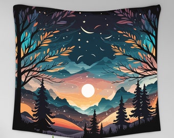 Starry Night Sunset Tapestry, Nature Landscape Wall Hanging, Abstract Mountain Tapestry, Sunset Wall Hanging, Moon and Star, Forest Tapestry