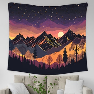 Starry Night Sky Tapestry, Nature Landscape Wall Hanging, Abstract Mountain Tapestry, Sunset Wall Hanging, Moon and Stars, Forest Tapestry