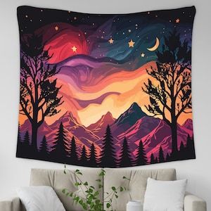 Starry Night Sky Tapestry, Nature Landscape Wall Hanging, Abstract Mountain Tapestry, Colorful Wall Hanging, Moon and Stars, Forest Tapestry