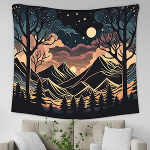 Nature Landscape Wall Hanging, Starry Night Sky Decor, Abstract Mountain Tapestry, Forest Trees Tapestry, Boho Tapestry, Living Room Bedroom