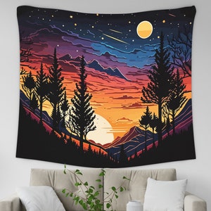 Abstract Landscape Tapestry, Starry Night Sunset Tapestry, Nature Mounstains Wall Hanging, Forest Trees Wall Hanging, Boho Wall Tapestry