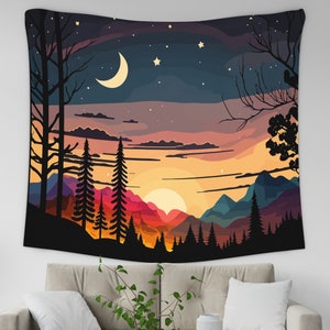 Starry Night Sunset Tapestry, Nature Landscape Wall Hanging, Abstract Mountain Tapestry, Sunset Wall Hanging, Moon and Stars