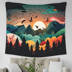 Abstract Mountain Tapestry, Sunset Wall Hanging, Forest Trees Tapestry, Boho Tapestry, Colorful Art, Nature Landscape Bedroom Wall Decor