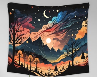 Starry Night Sky Tapestry, Nature Landscape Wall Hanging, Abstract Mountain Tapestry, Sunset Wall Hanging, Sun Moon Stars, Forest Tapestry