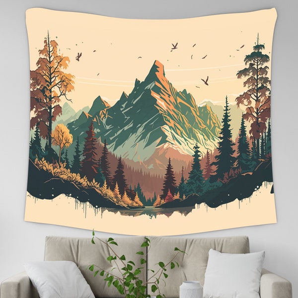 Abstract Mountain Tapestry, Forest Trees Wall Hanging, Nature Landscape Living Room Bedroom Dorm, Boho Wall Tapestry, Extra Large Art