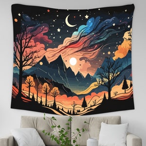 Starry Night Sky Tapestry, Nature Landscape Wall Hanging, Abstract Mountain Tapestry, Sunset Wall Hanging, Sun Moon Stars, Forest Tapestry