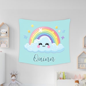 Custom Child&#39;s Nursery Tapestry, Personalized Kids Room Wall Hanging, Nursery Rainbow Wall Tapestry, Customizable Nursery Wall Hanging