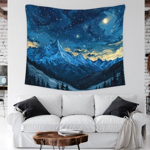 Abstract Mountain Tapestry, Starry Night Sky Tapestry, Nature Landscape Wall Hanging, Aesthetic Tapestry Decor, Bedroom & Living Room Decor