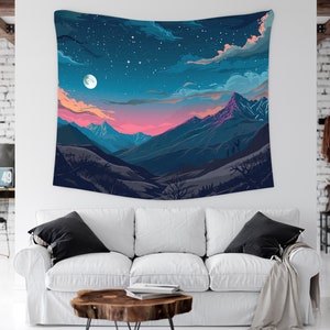 Abstract Mountain Landscape Tapestry, Starry Night Sky Print, Aesthetic Tapestry Decor Wall Hanging, Bedroom & Living Room Decor, Home Gift