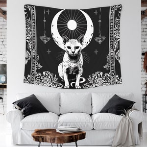 Gothic Wall Tapestry, Cat Tapestry Black and White Decor, Sun Moon Cat Tapestry, Celestial Wall Hanging Tapestry Aesthetic Cat Lover Gift