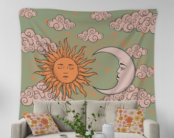 Bohemian Sun Moon Tapestry, Aesthetic Room Decor, Vintage Moon Sun Tapestry, Sun and Moon Decor, Celestial Wall Hanging, Retro 70s Decor
