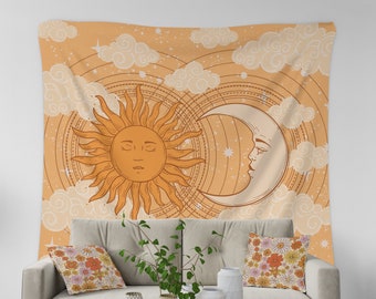 Bohemian Sun Moon Tapestry, Vintage Moon Sun Tapestry, Retro 70s Decor, Aesthetic Room Decor, Celestial Wall Hanging, Sun and Moon Decor