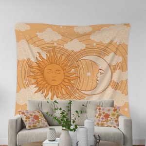 Bohemian Sun Moon Tapestry, Vintage Moon Sun Tapestry, Retro 70s Decor, Aesthetic Room Decor, Celestial Wall Hanging, Sun and Moon Decor
