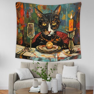 Quirky Black Cat Tapestry Wall Hanging, Unique Cat Wall Tapestries, Cat Lover Gift Home Decor