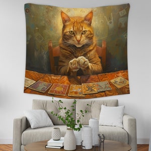 Tarot Themed Cat Tapestry, Unique Cat Lover Gift Tapestry, Mystical Tapestry Wall Hanging, Cat Wall Decoration Aesthetic Tapestry Gift