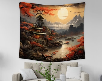 Japanese Art Landscape Tapestry, Nature Tapestry Wall Hanging, Sunset Tapestry, Mountain Forest Landscape Tapestries for Living Room Decor