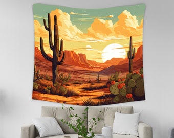 Retro Southwest Cactus Desert Landscape Tapestry, Vintage Sunset Western Tapestry Wall Hanging, Mountain Landscape Tapestry Wall Decor