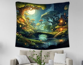 Könnte beinhalten: Eine Wandteppich mit einer fantasievollen Waldszene mit einer Brücke über einem Fluss, zwei kleinen Häusern mit leuchtenden Fenstern und einem Vollmond am Himmel. Die Farben sind hauptsächlich grün, braun und blau.