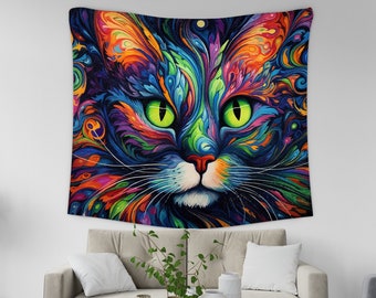 Psychedelic Cat Wall Tapestry, Trippy Colorful Wall Hanging Cat Tapestry, Cat Lovers Gift Home Decor