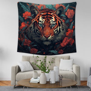 Tiger and Flowers Wall Tapestry, Tiger Illustration Tapestry Wall Hanging, Aesthetic Tapestry for Room Decor