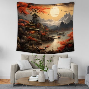Japanese Art Landscape Tapestry, Nature Tapestry Wall Hanging, Sunset Tapestry, Mountain Forest Landscape Tapestries for Living Room Decor