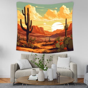 Retro Southwest Cactus Desert Landscape Tapestry, Vintage Sunset Western Tapestry Wall Hanging, Mountain Landscape Tapestry Wall Decor