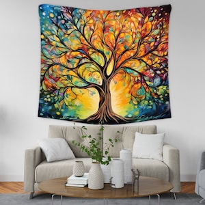 Tree of Life Wall Tapestry, Fabric Wall Hanging Colorful Art, Aesthetic Tapestry for Living Room Decor, Boho Spiritual and Nature Home Decor