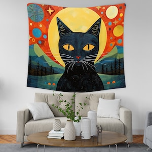 Sweet Cat Art Wall Tapestry, Abstract Art Wall Hanging Colorful Cute Cat Tapestry, Cat Lovers Gift Home Decor