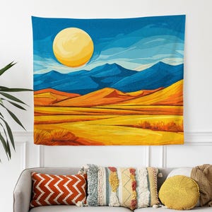 Golden Desert Landscape Tapestry Wall Hanging, Mountain Tapestry, Vibrant Sunset Nature Scene, Large Tapestry Wall Decor, Home Gift