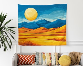 Wandtapijt Golden Desert: levendige zonsondergang bergmuur hangend decor