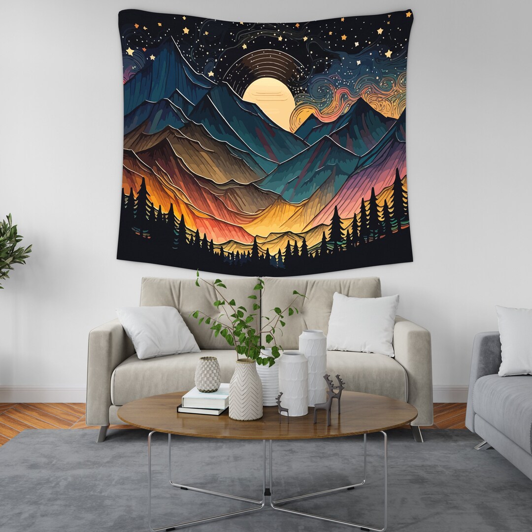 Starry Night Sky Tapestry, Abstract Mountain Wall Hanging, Nature