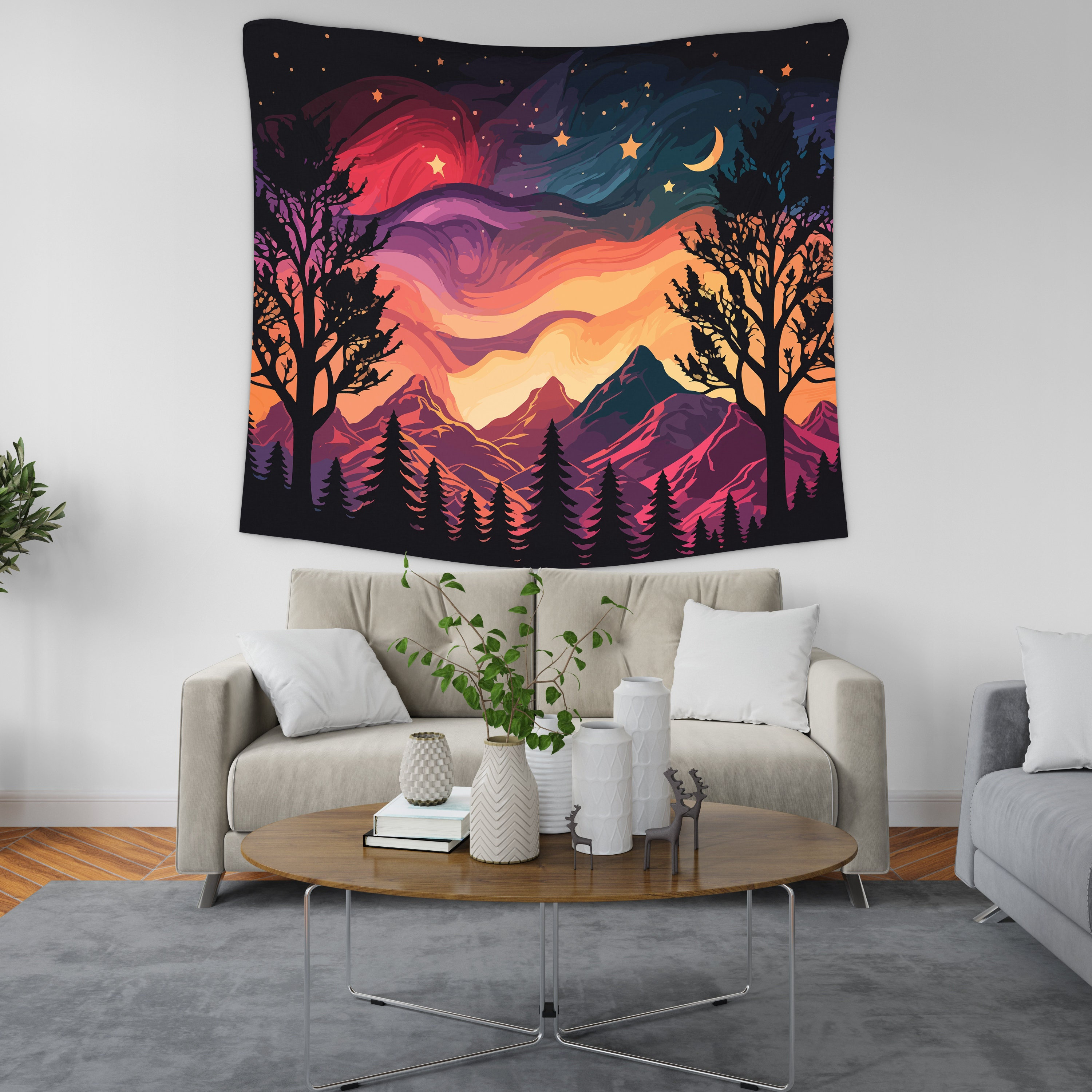 Starry Night Sky Tapestry, Nature Landscape Wall Hanging, Abstract Mountain Tapestry, Colorful Wall Hanging, Moon and Stars, Forest Tapestry