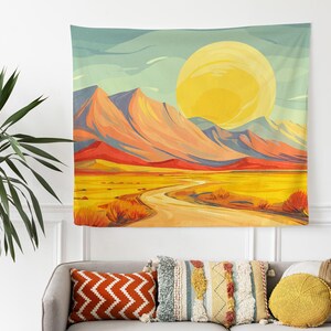 Desert Sunset Tapestry Wall Hanging, Warm Mountain Landscape Boho Tapestry, Vibrant Yellow Wall Decor, Large Tapestry Bedroom & Living Room