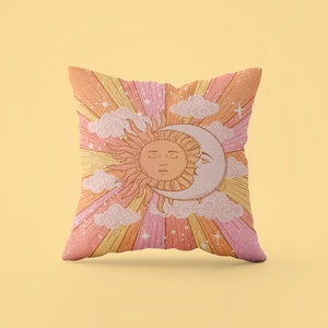 Cojín retro con diseño de sol y luna, decoración estética celestial para el hogar, cojín colorido y bonito de los años 70, decoración para dormitorio y sala de estar, INSERTO INCLUIDO