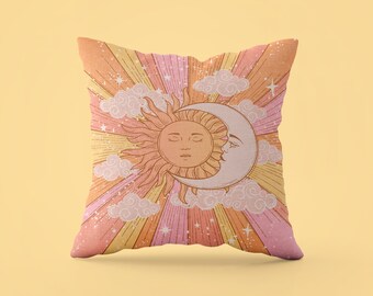 Retro Sun and Moon Throw Pillow, Celestial Aesthetic Home Decor, 70s Colorful Cute Cushion, Bedroom & Living Room Decor, INSERT INCLUDED